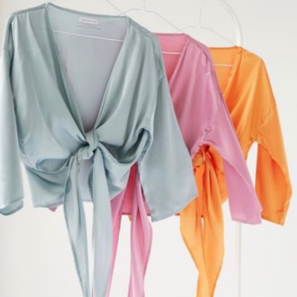 Urban Outfitters Nicole Satin Light Blue Tie Front Crop Top